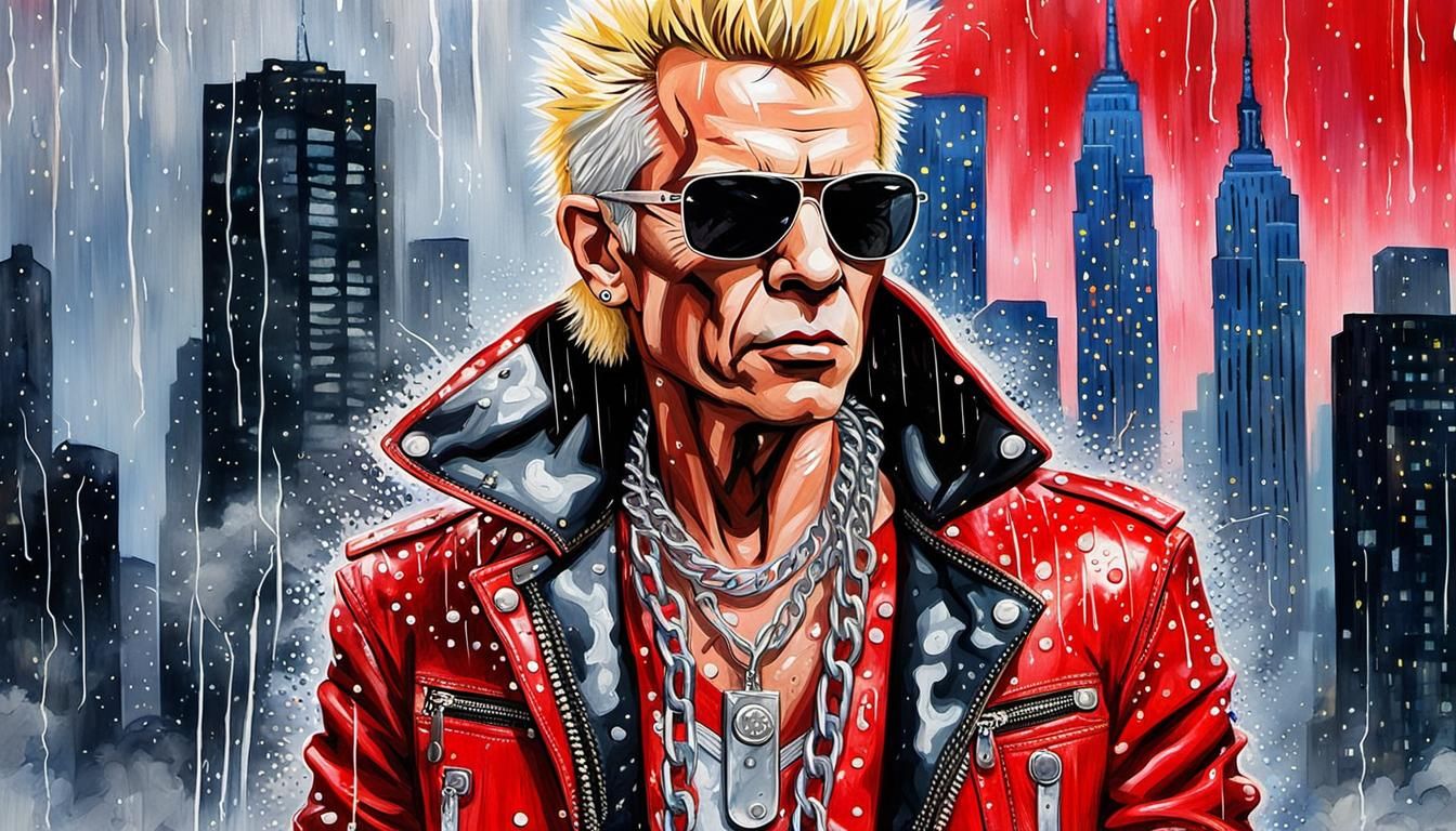 Billy Idol Portrait in Rainy City, Pop Art Style