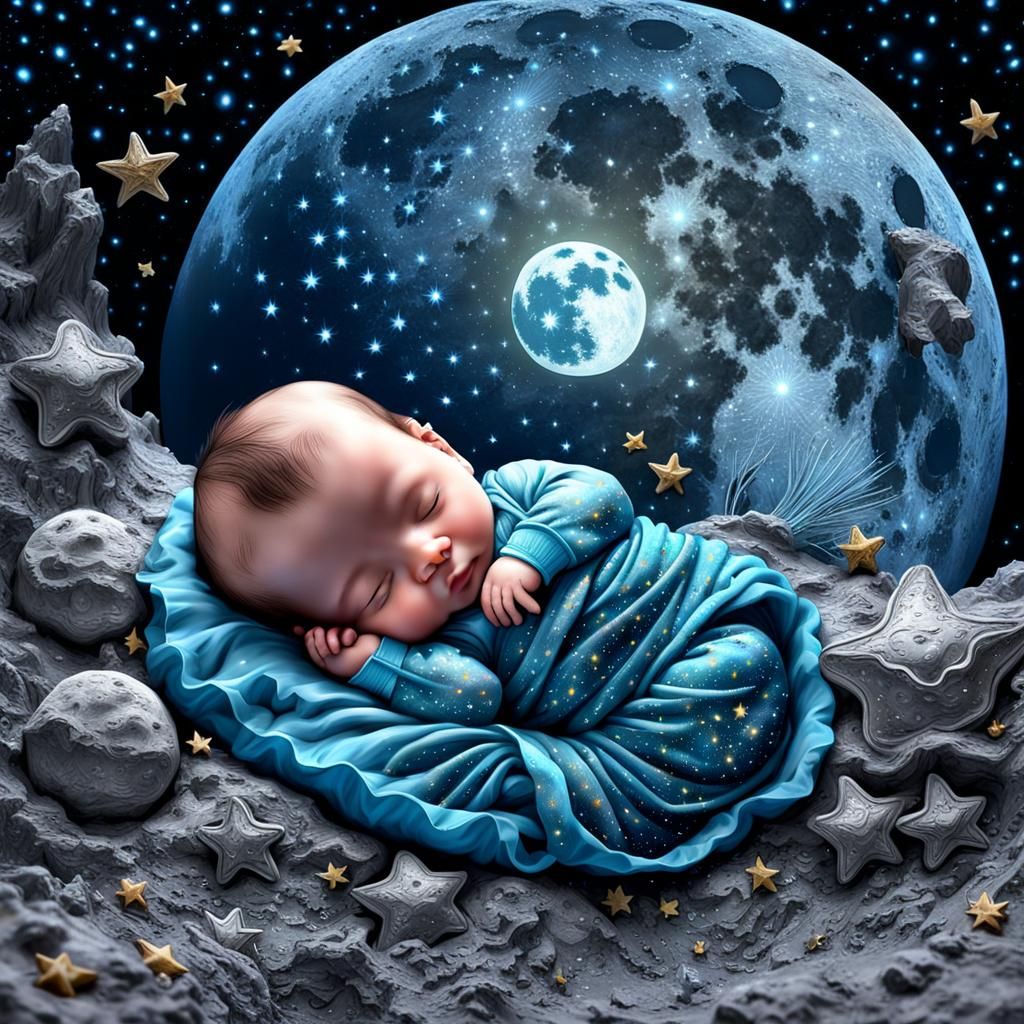 Baby Sleeping on Bioluminescent Moon in Galaxy