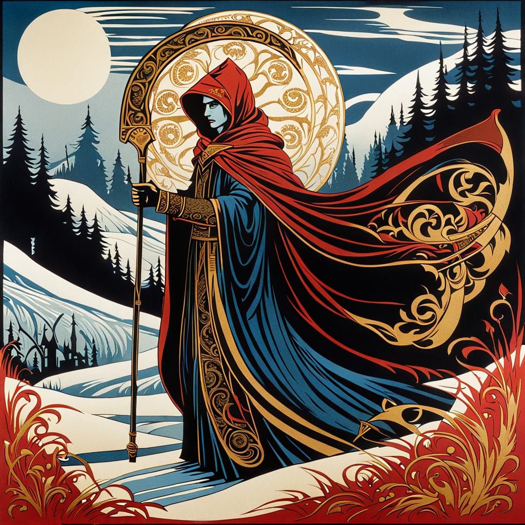 Dramatic Art Nouveau Reaper Silhouette in Winter Landscape