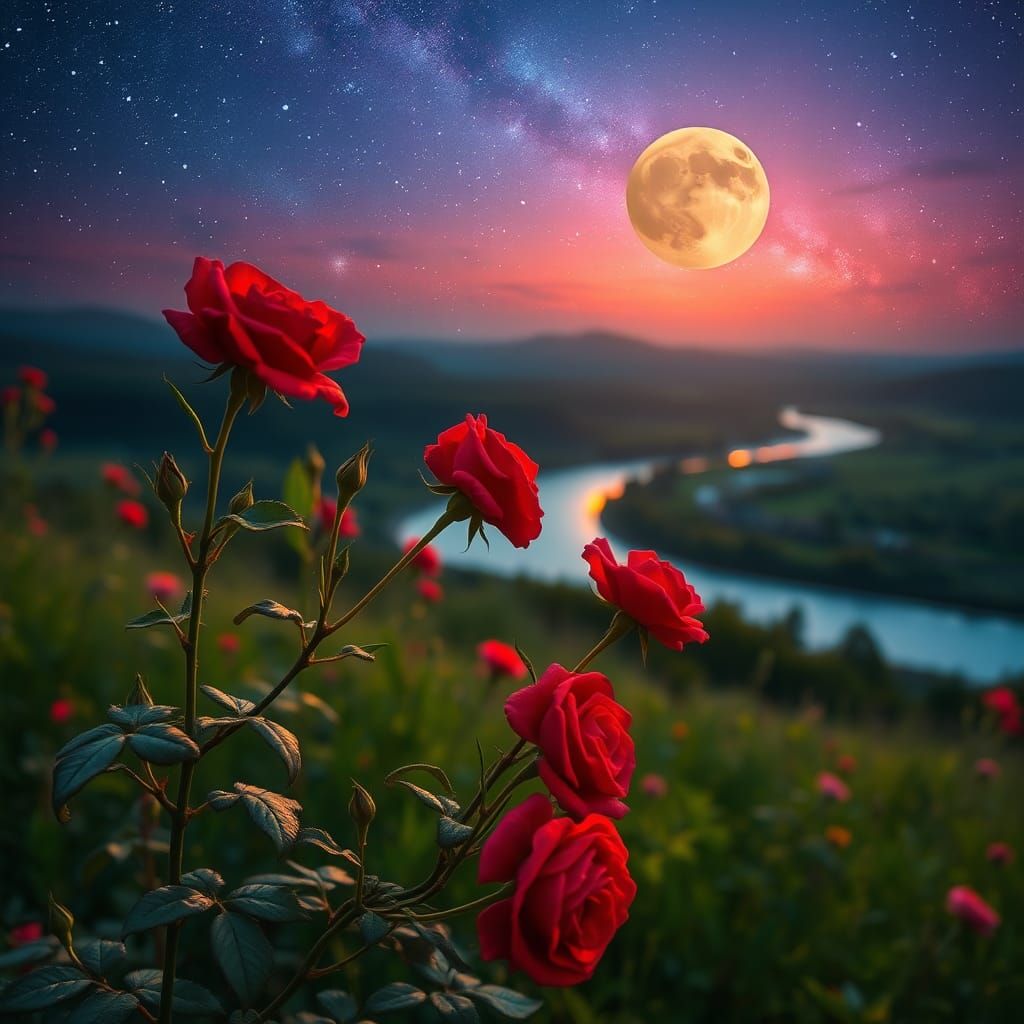 Red Roses Under Galaxy Sky and Moonlit River