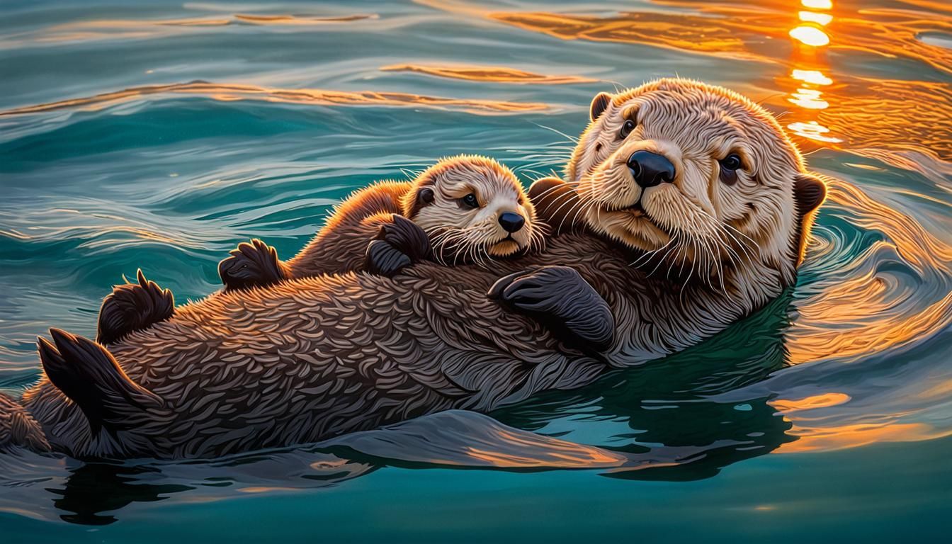 Sea Otter Mom and Baby in Turquoise Waters