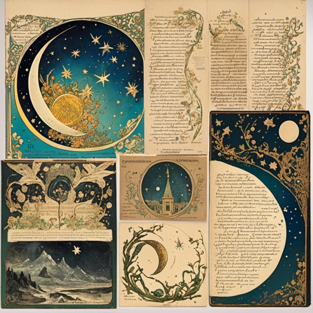 Vintage Illustrations of Moon, Stars and Aurora