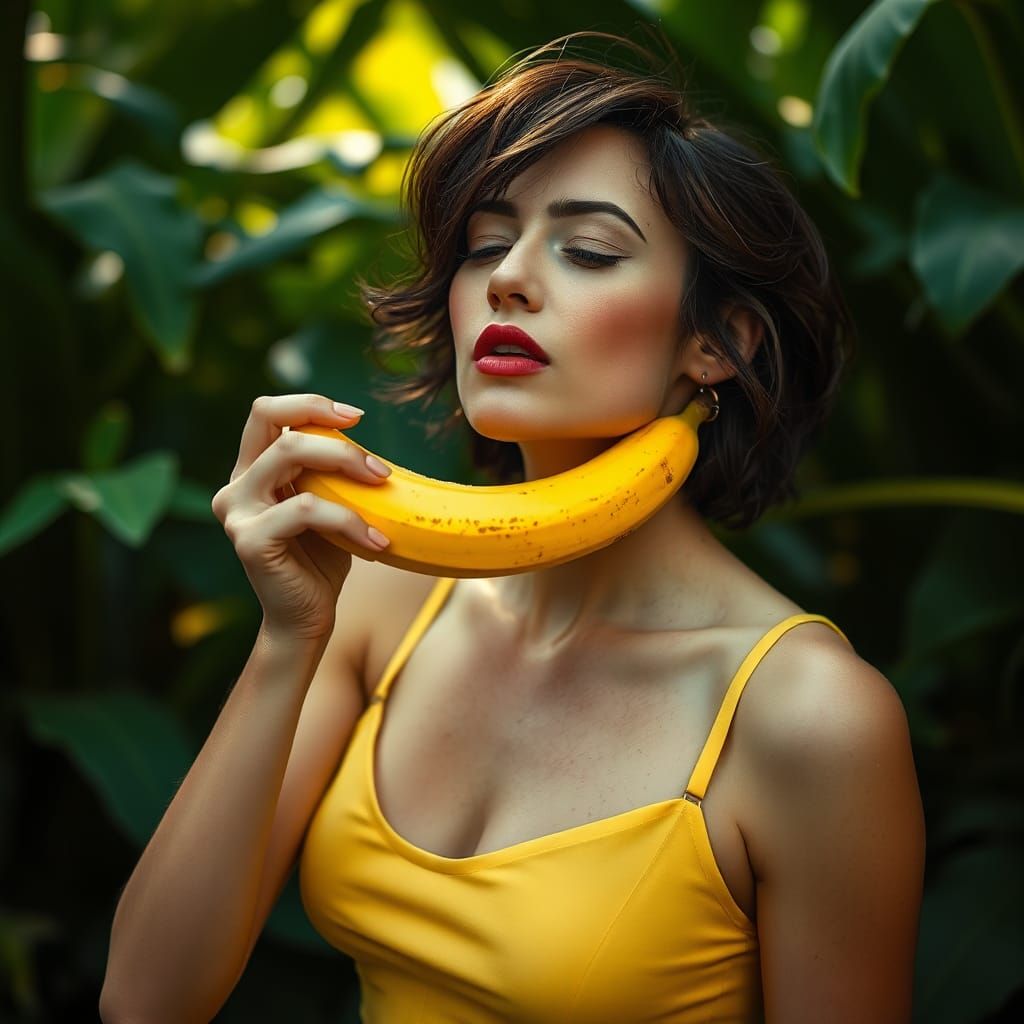 Woman Enjoys Banana with High-Contrast Futurism