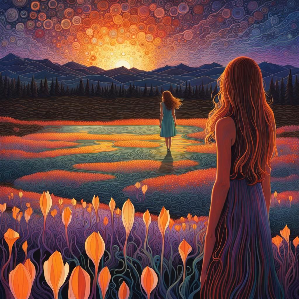 Girl in Bioluminescent Crocus Field, Iridescent Digital Art
