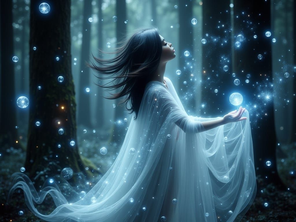 Witch Casting Spell In Enchanted Forest At Night