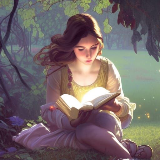 Girl Reading Book under Tree in Art Nouveau Style