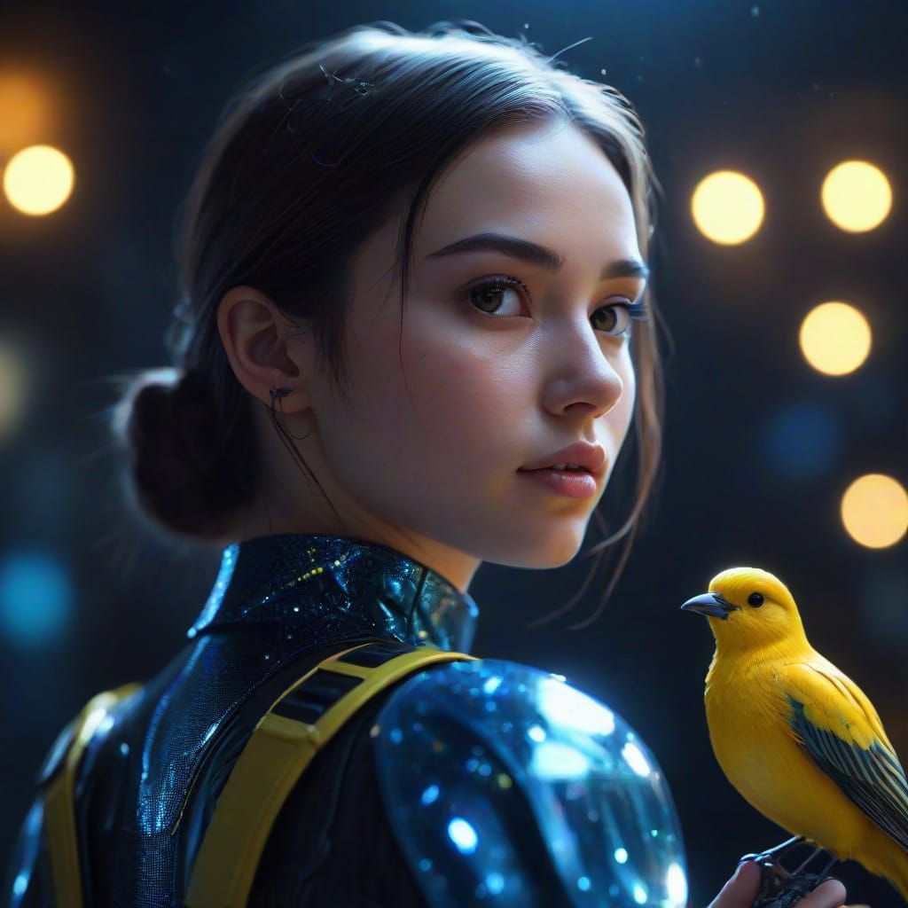 Glowing Android Woman with Yellow Bird in Starry Space