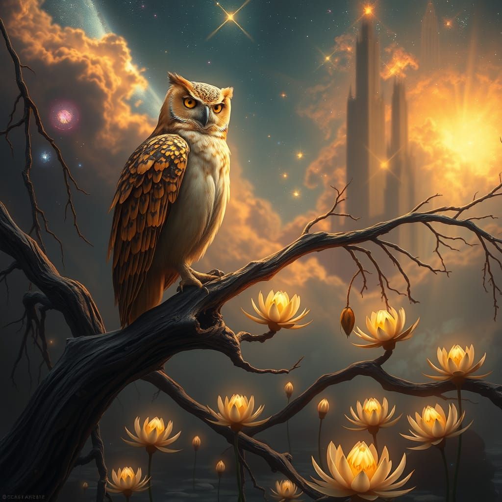 Golden Feathered Owl Perched Under Nebula Sky