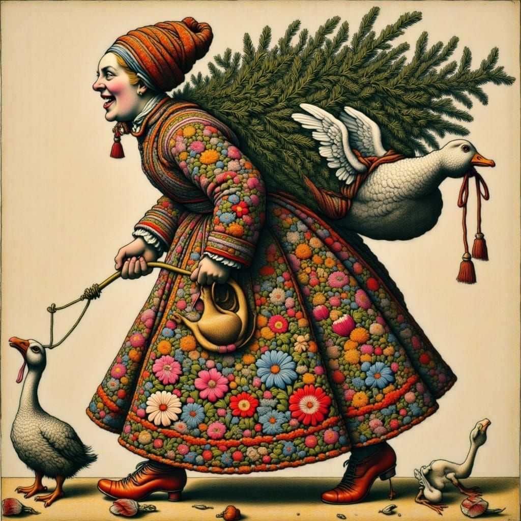 Flat Christmas Carol in Whimsical Folk Art Style