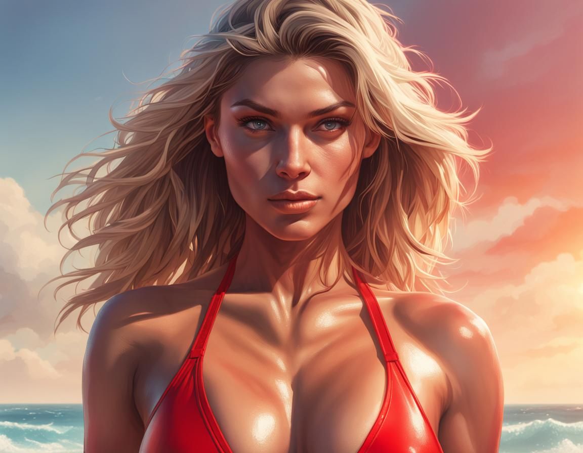 Woman in Red Swimsuit: Hyperdetailed Portrait