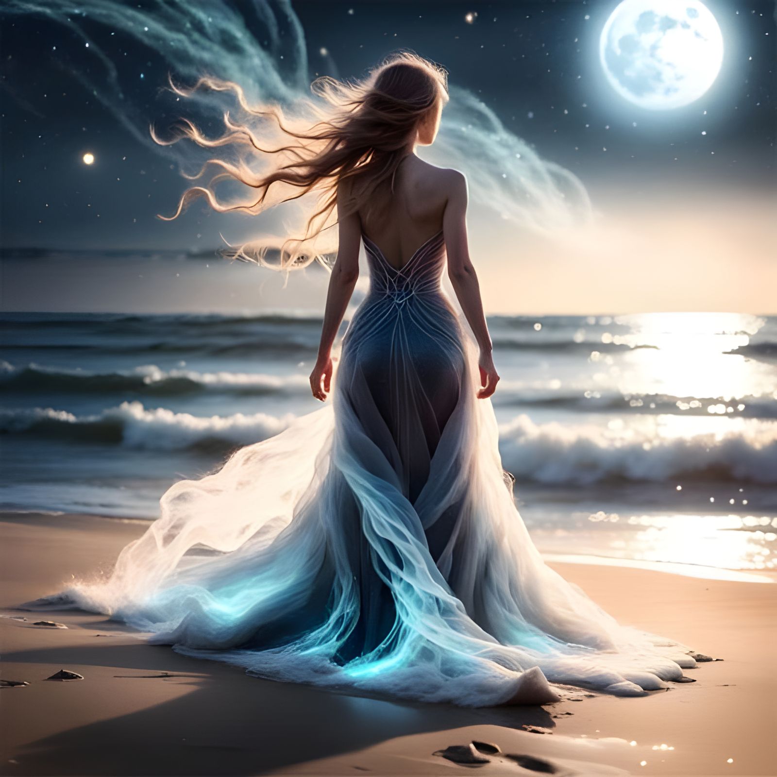 Celestial Woman Walking on Starry Beach at Midnight