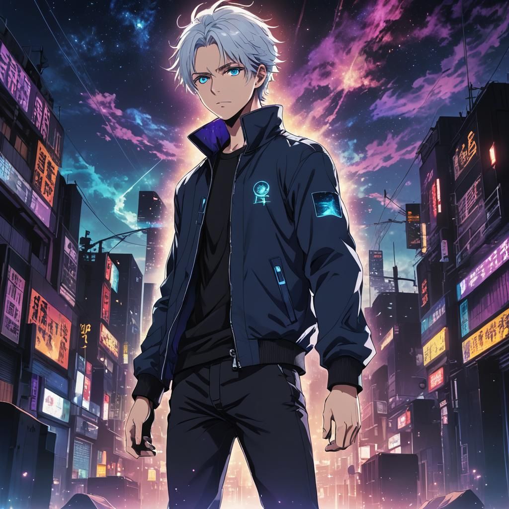 Anime Key Visual: White-Haired Man with Glowing Eyes