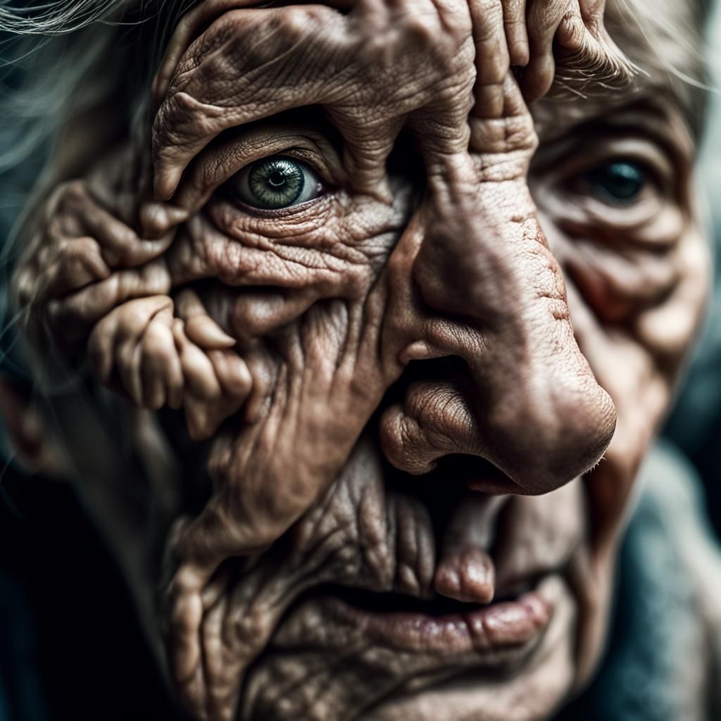 Poignant Close-Up Portrait of a Weathered Old Woman