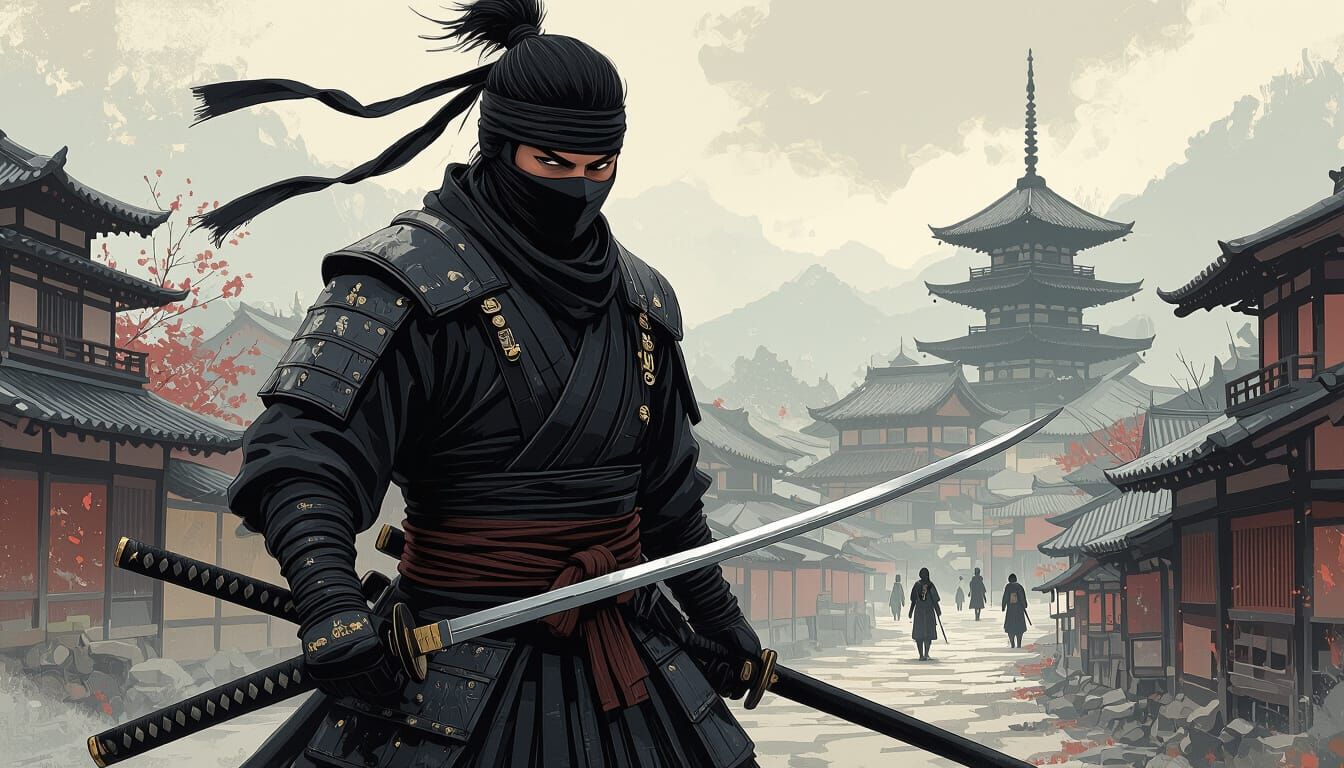 Ninja in Feudal Japan in Digital Art Style