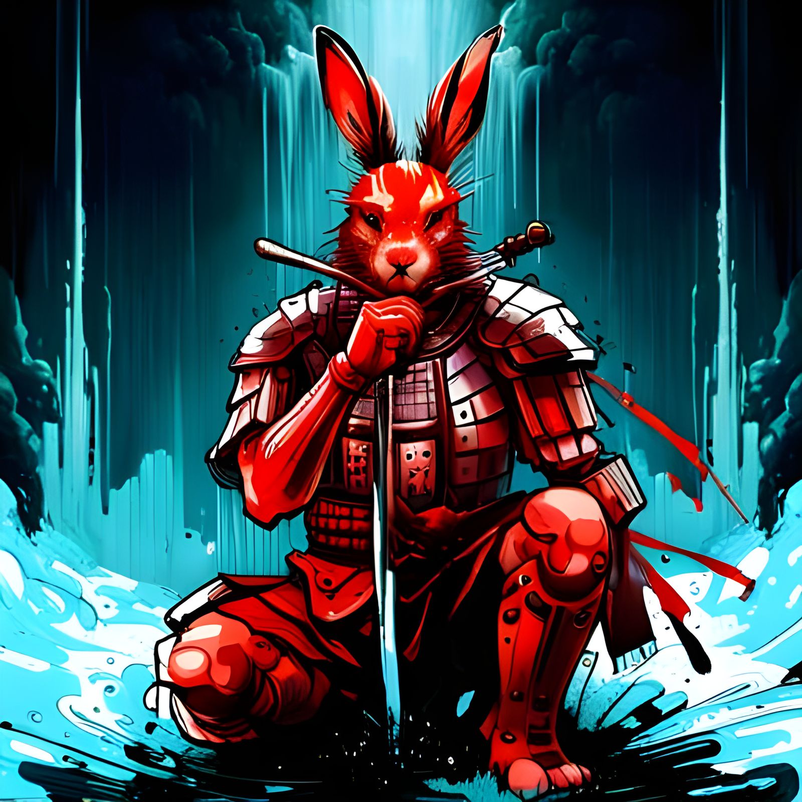 Armored Samurai Rabbit Waterfall Splash Art