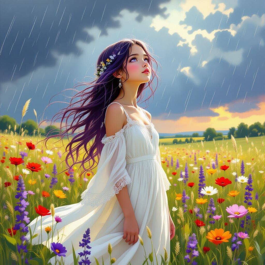 Girl in Wildflower Field in Illustrative Realism Style