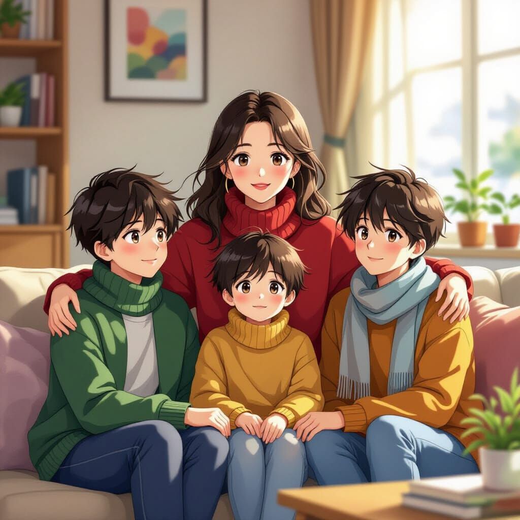 Mother and Sons in Homely Living Room