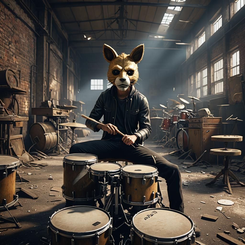 Masked Drummer in Abandoned Factory: 3D Game Art