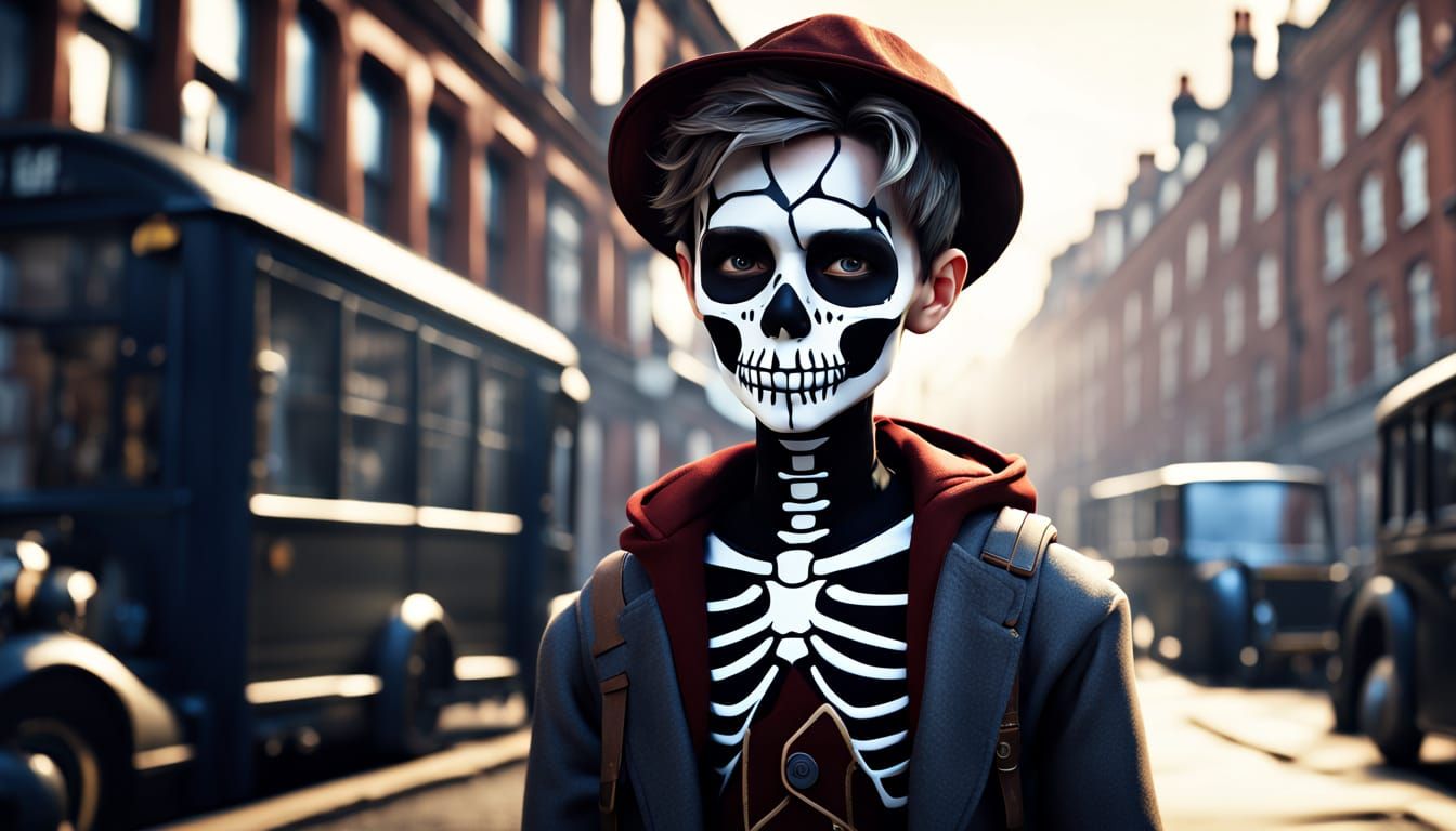 Cute Boy With Skeleton Face Paint on Victorian Streets