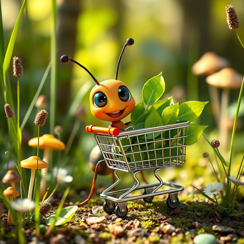 Cheerful Cartoon Ant Shopping in Sunny Forest