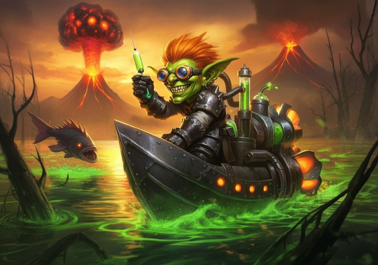 Goblin Scientist on Steampunk Boat in Toxic Lake