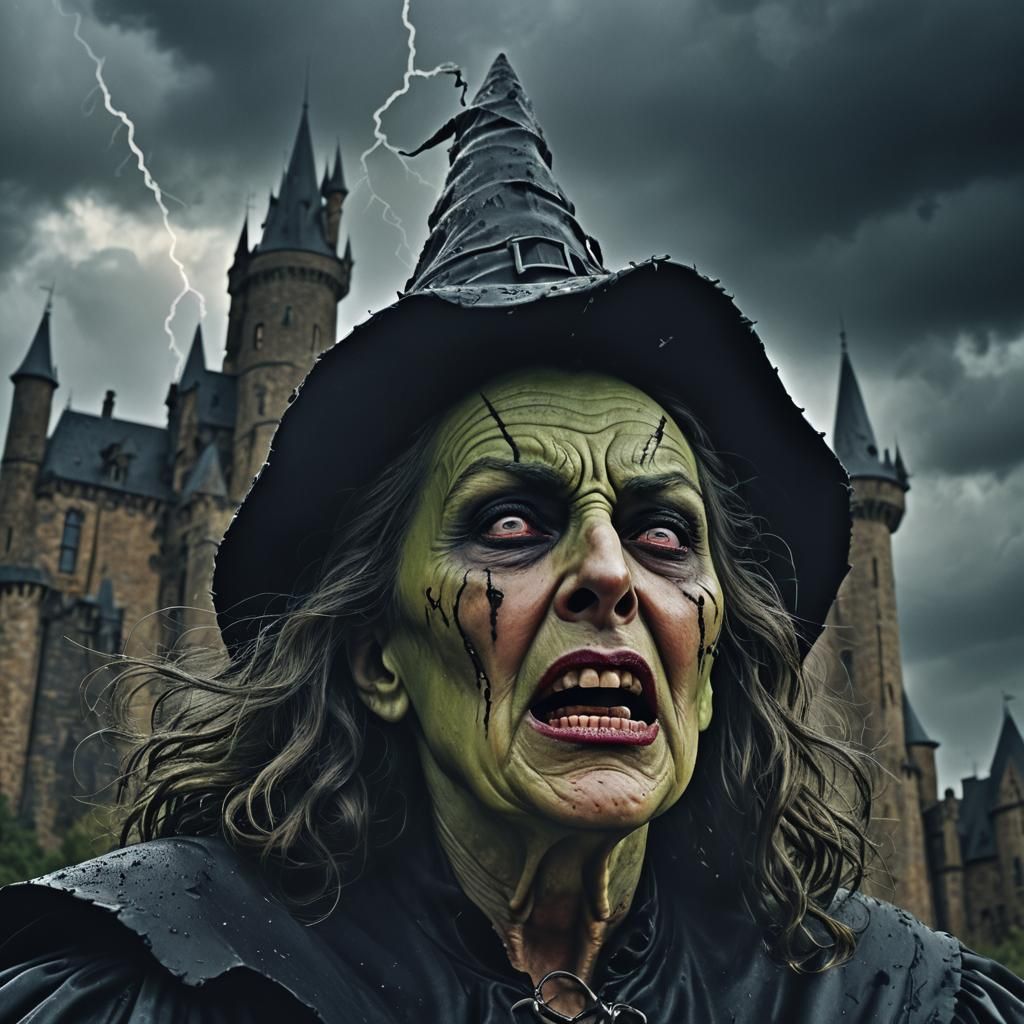 Wicked Witch Melts in Stormy Castle: Digital Art