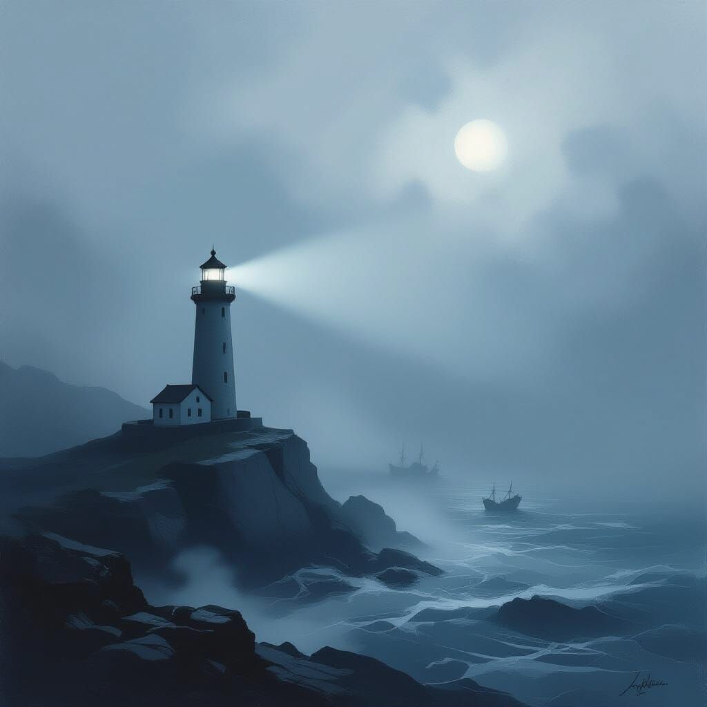 Ethereal Lighthouse Beam Pierces Moody Foggy Sea