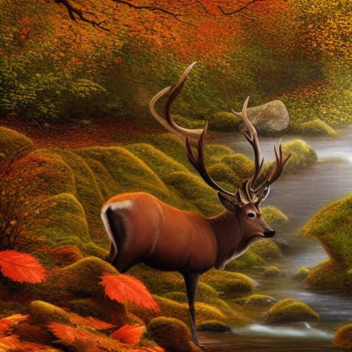 Ethereal Autumn Scene: Stag at Babbling Brook