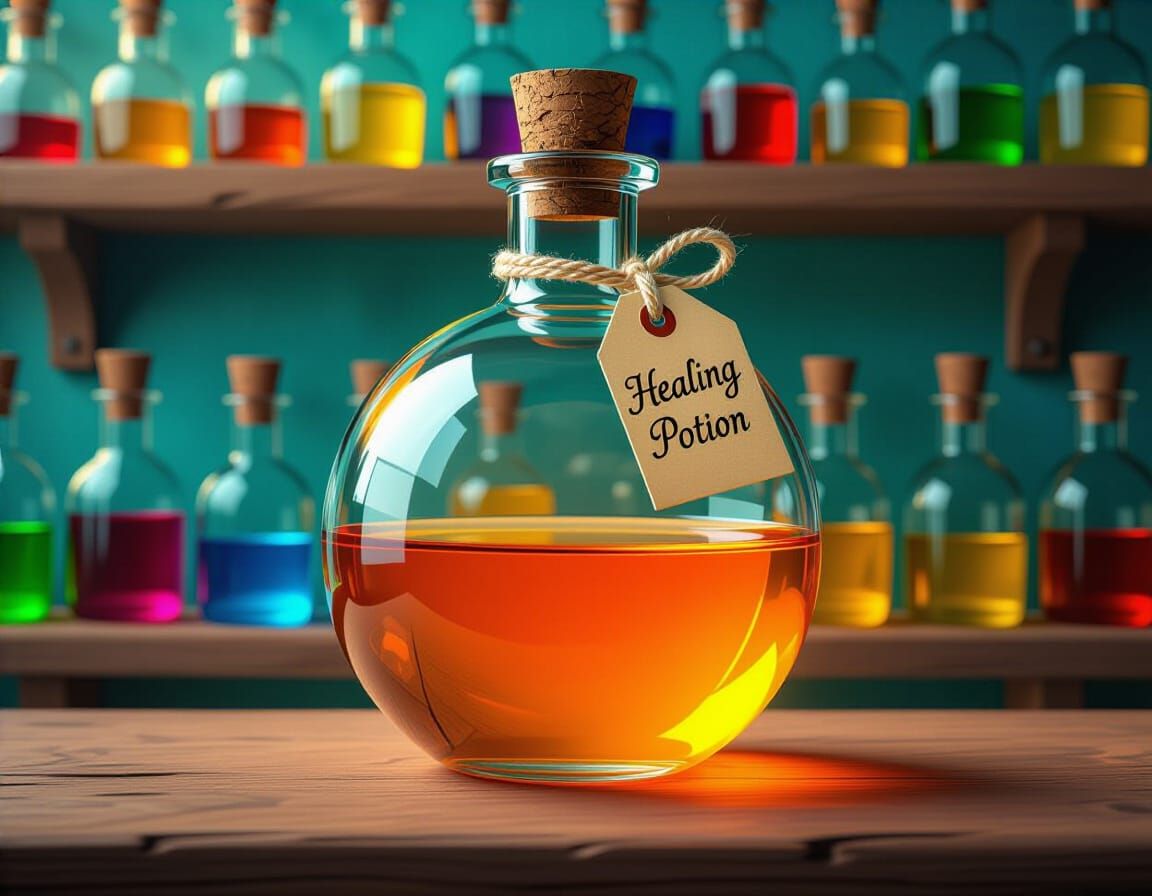 Healing Potion Bottle with Handwritten Tag in Vivid Concept ...