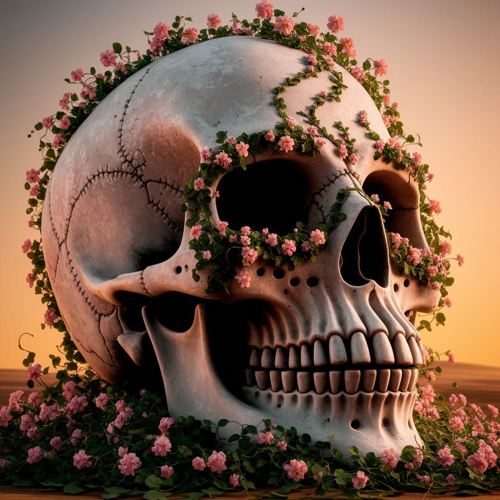 Colossal Skull in Vibrant Floral Bloom at Sunset