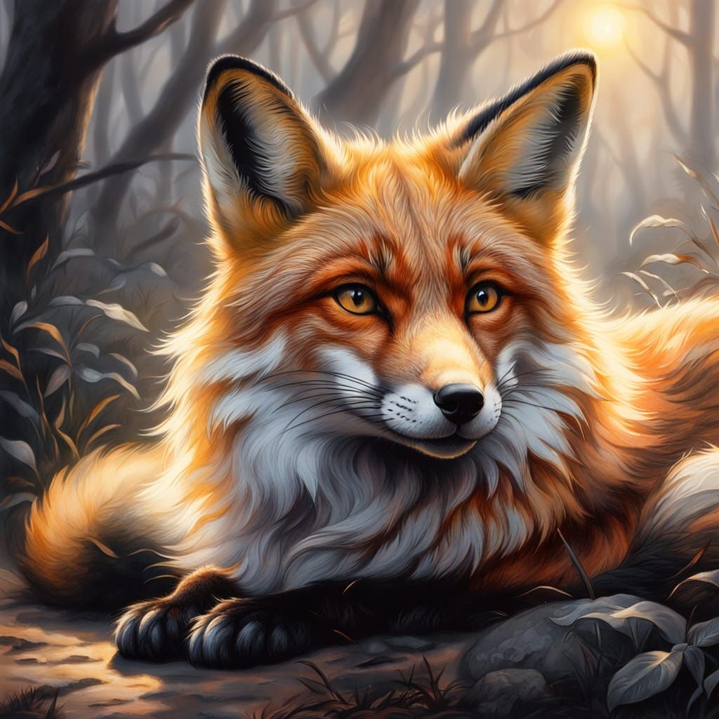 Resting Fox in Ethereal Charcoal Drawing