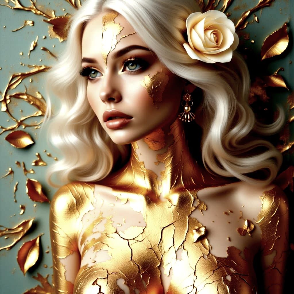 Copper Portrait of a Woman with Flowing Hair and Gold Leaf