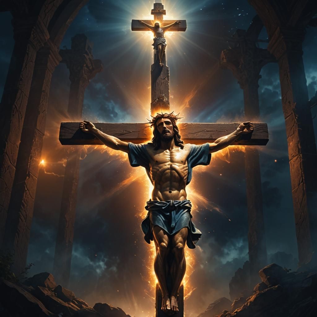 Jesus Christ on the cross with glowing aura.