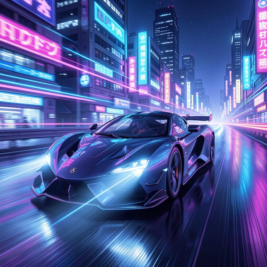 Futuristic Race Car Speeds Down Neon Highway in Cyberpunk St...