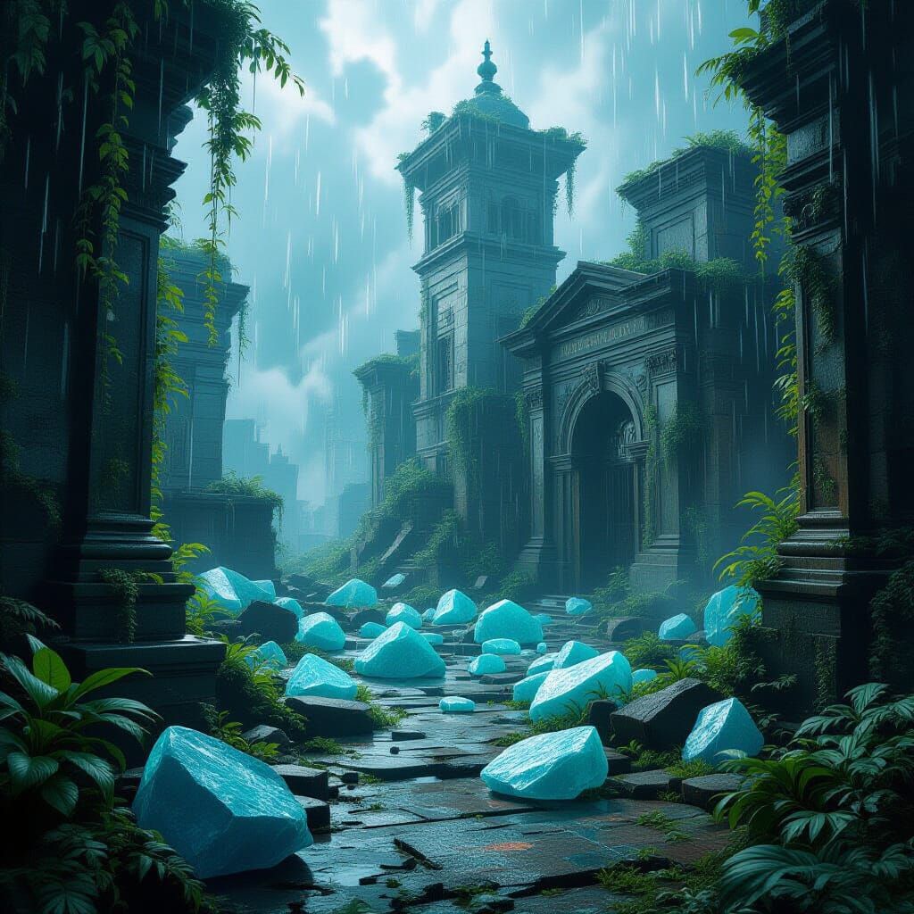Amazonite Ruins with Lush Plants Under Heavy Rain