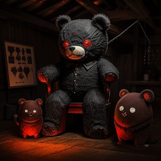 Menacing Teddy Bear on Rocking Horse in Dimly Lit Attic