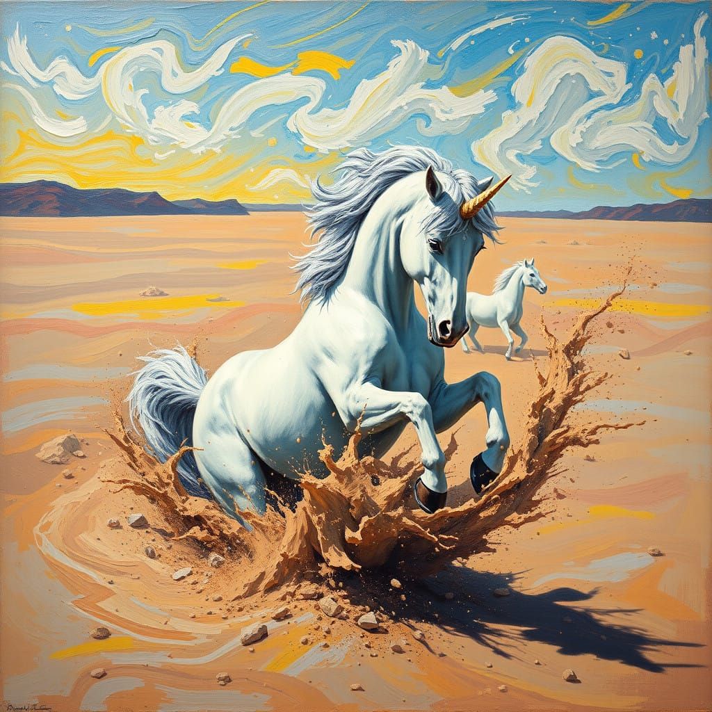 Majestic Unicorn Struggles in Arid Quicksand Landscape