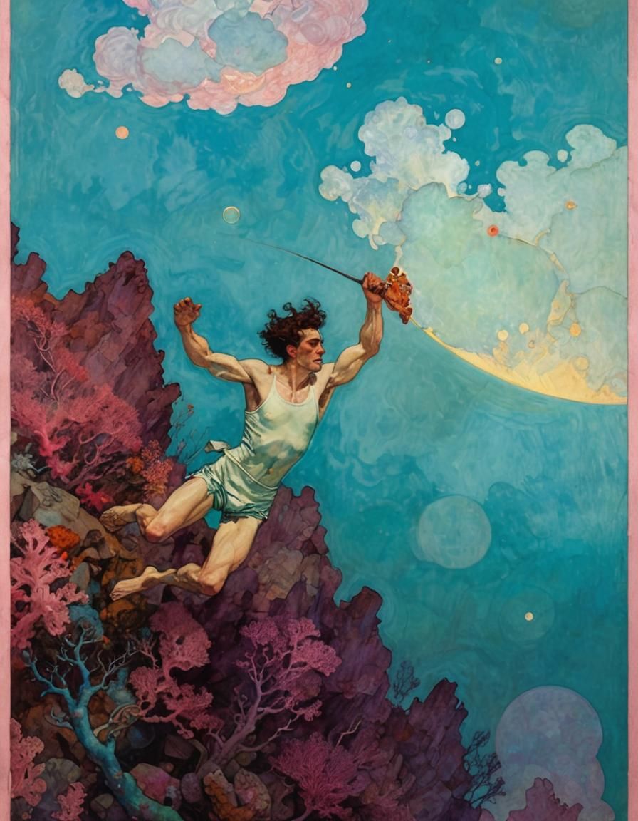 Fluorescent Swimmer in Coral Reef: Art Nouveau Style