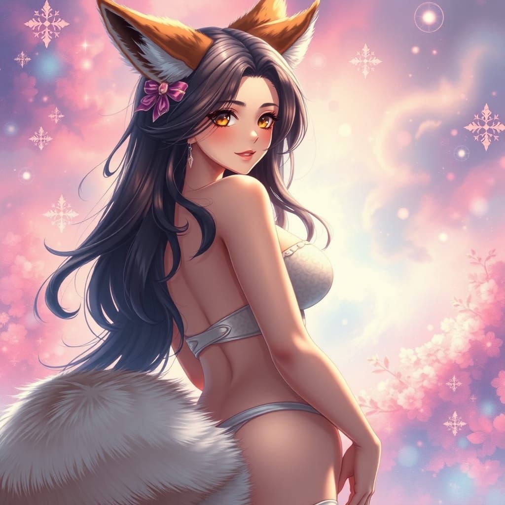 Beautiful Anime Woman with Fox Features in Fantasy Setting