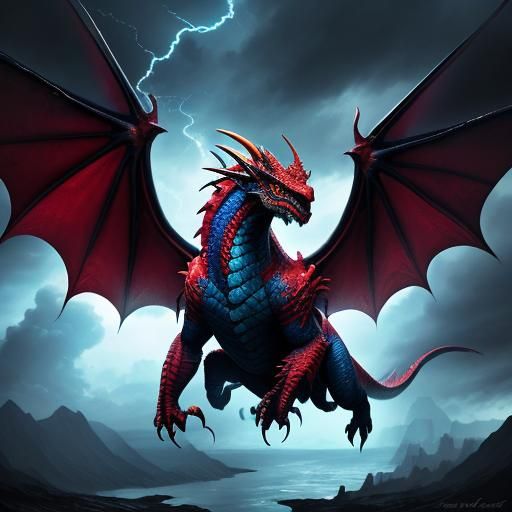 Welsh Dragon in Flight Amidst Storm
