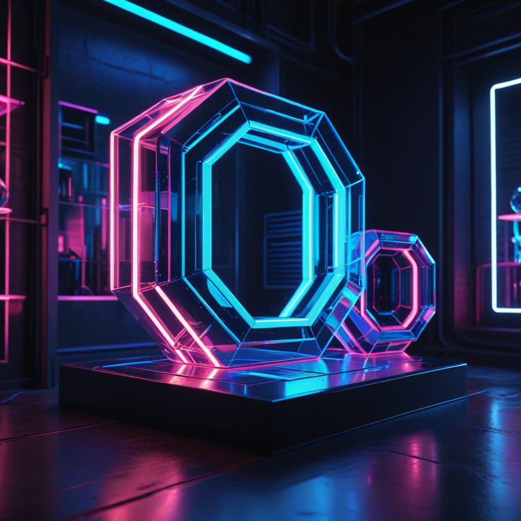 Synthwave Glass Studio with Neon Sculptures in Retro Style