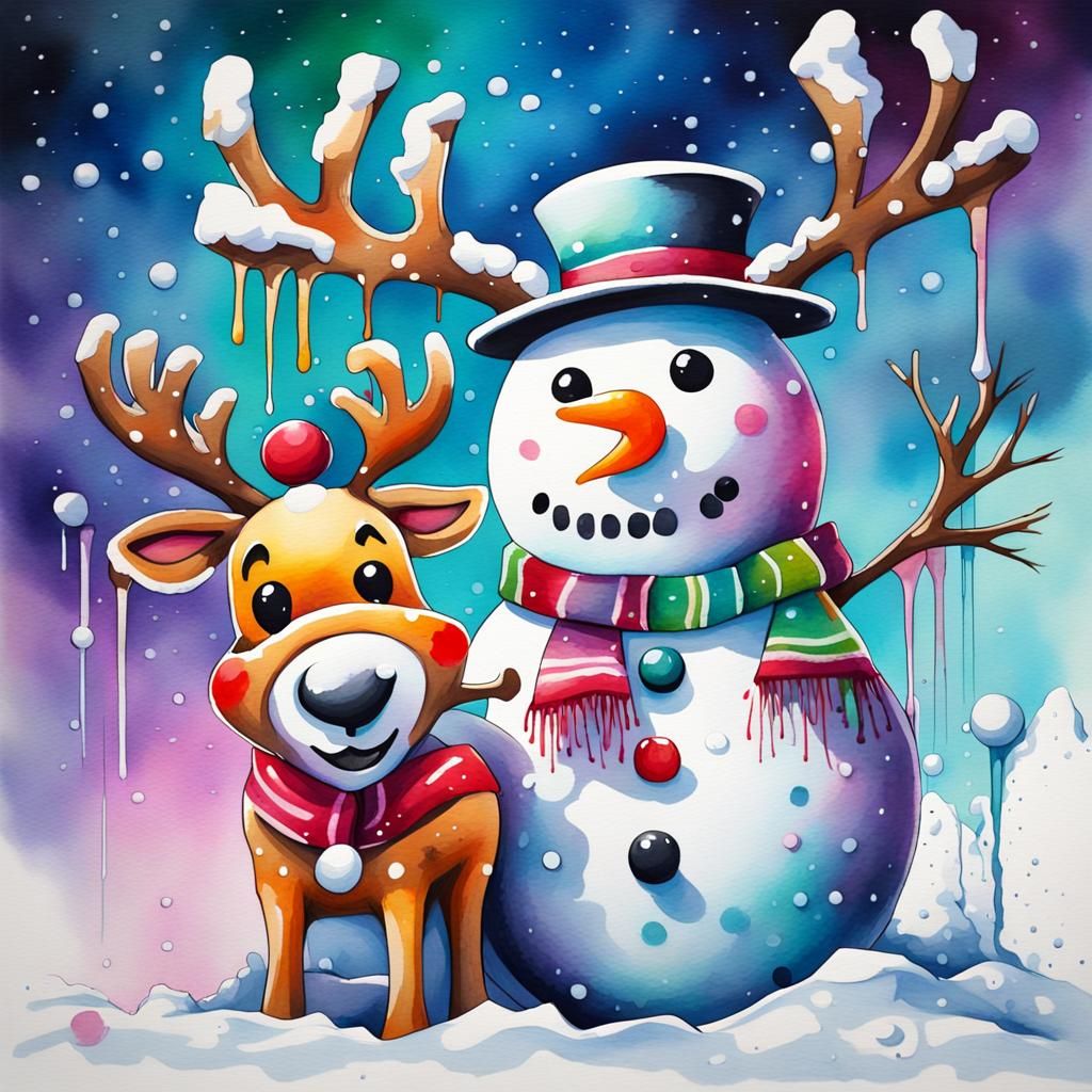 Festive Christmas Snowman and Reindeer Watercolour Painting