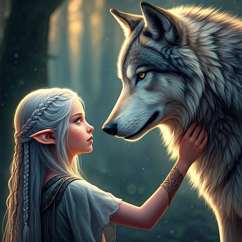Enchanted Bond Between Elven Girl and Grey Wolf