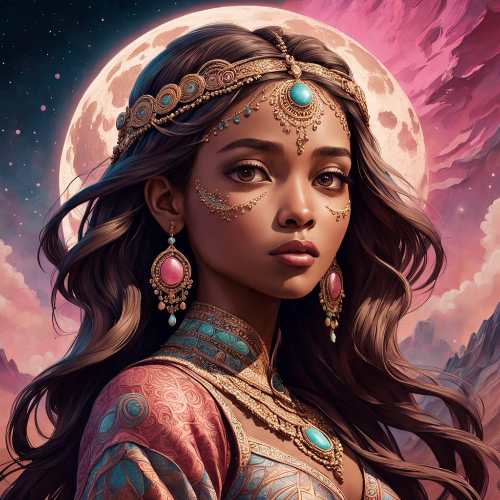 Mystical Woman in Celestial Patterns and Ombre Hues