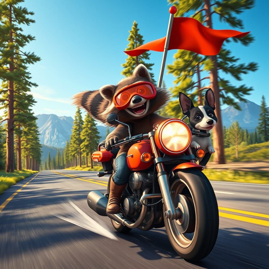 Whimsical Raccoon Motorcycle Rider in a Vibrant Idyllic Land...