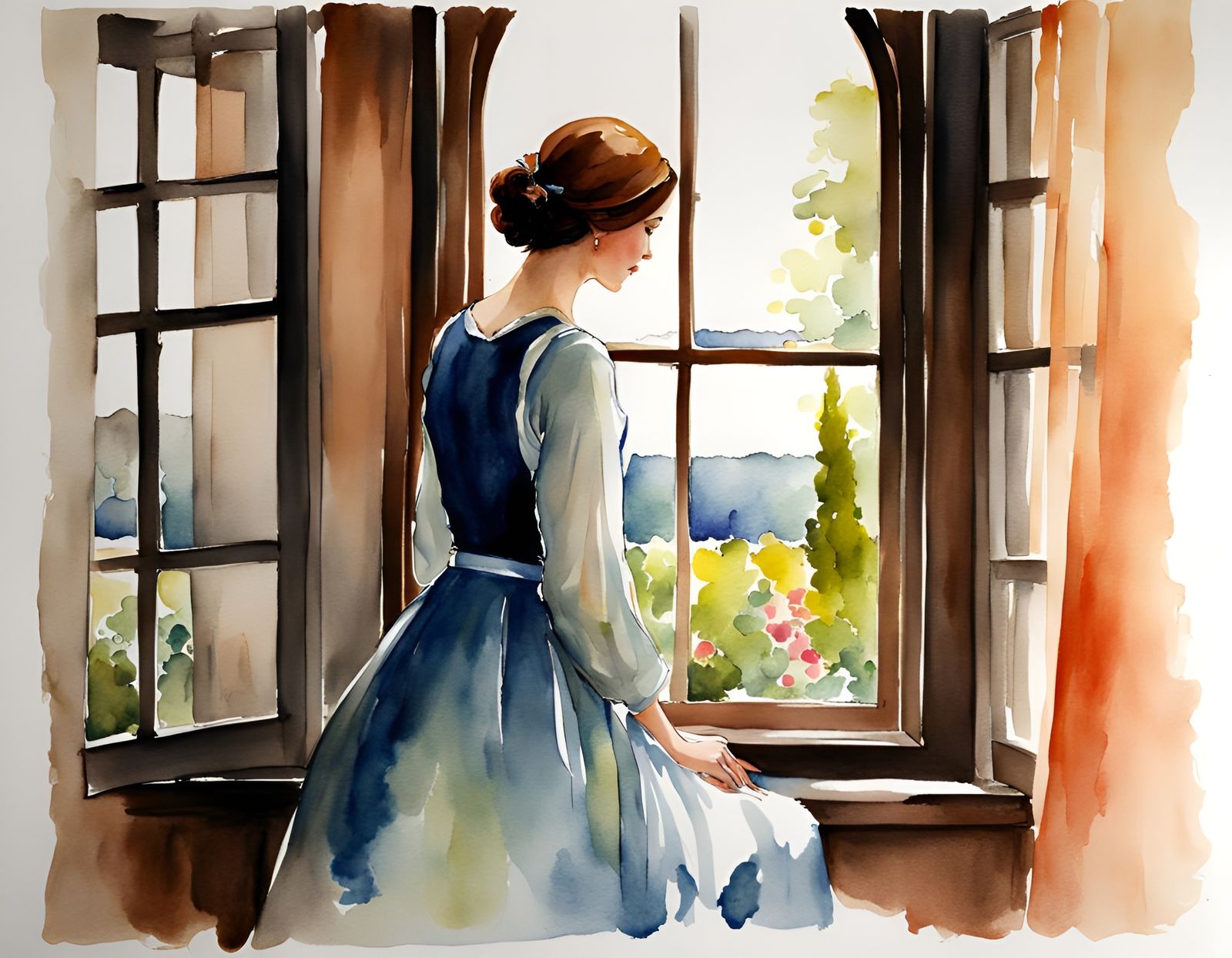 Woman at Window in Loose Watercolor Style