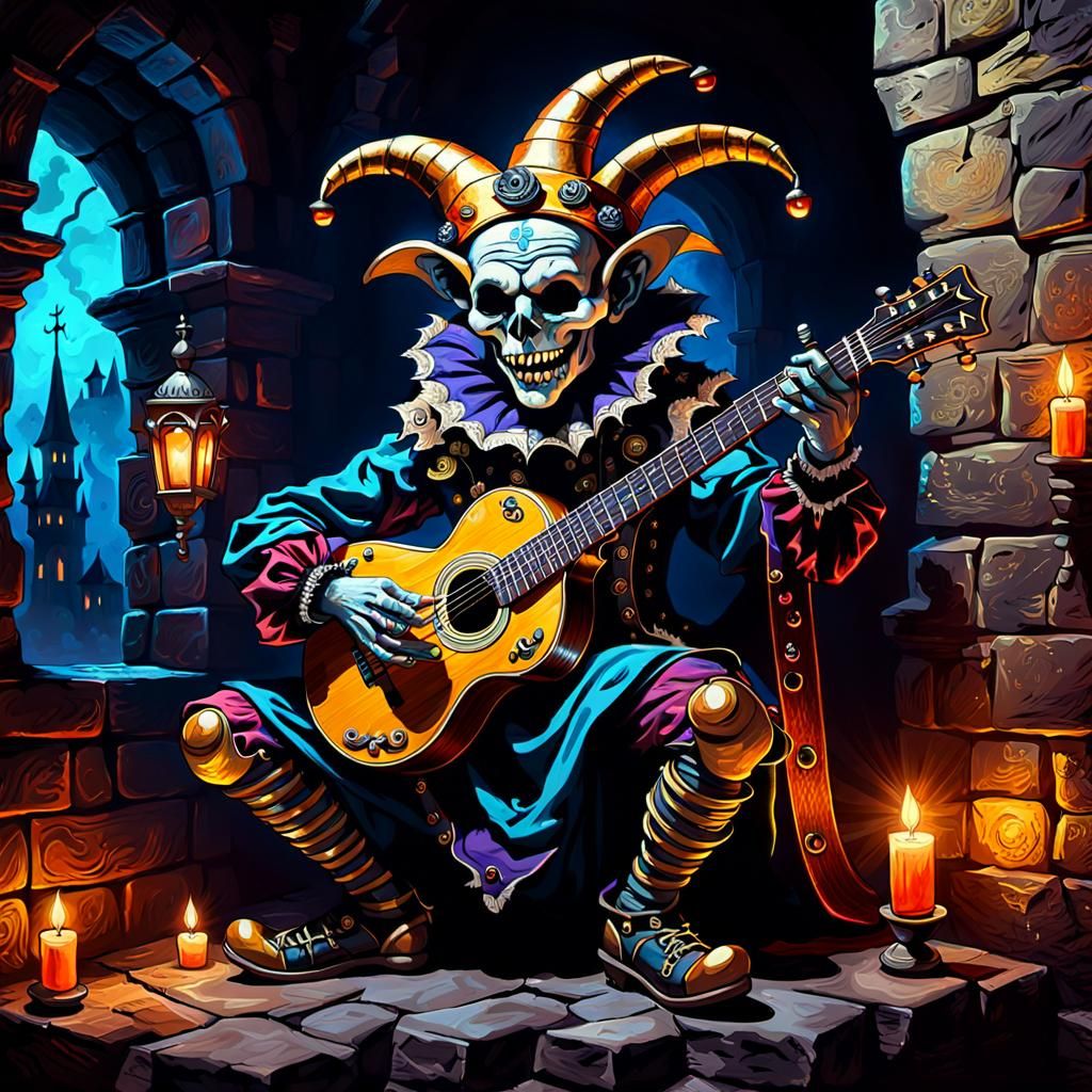 Ghoulish Jester Plays Steampunk Guitar: Baroque Oil Painting