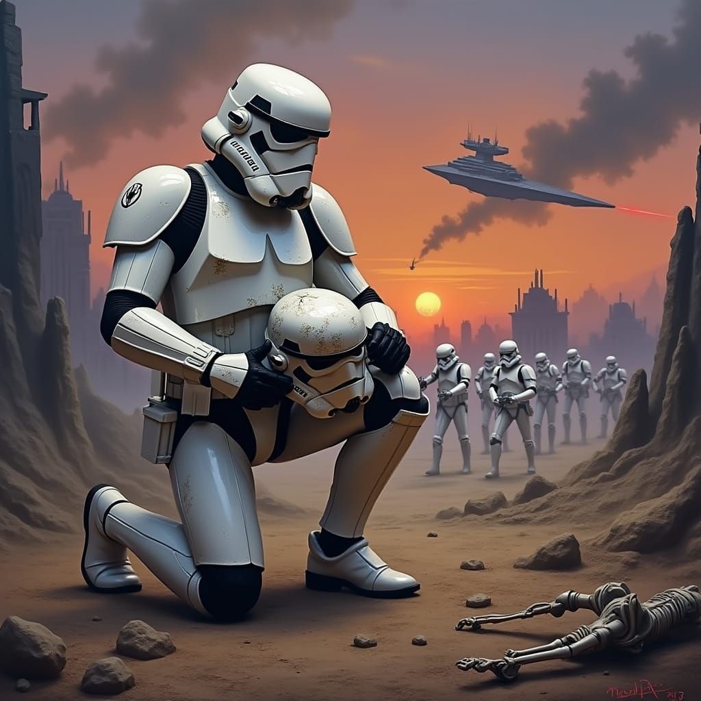 War-Torn Stormtrooper in Cyberpunk Landscape