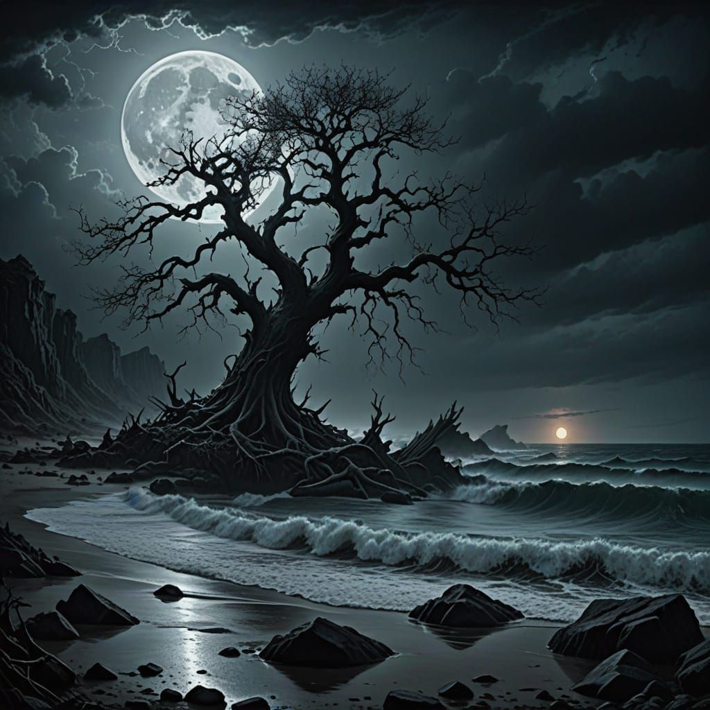 Surreal Dark Beach Under Moonlight in Moody Atmosphere