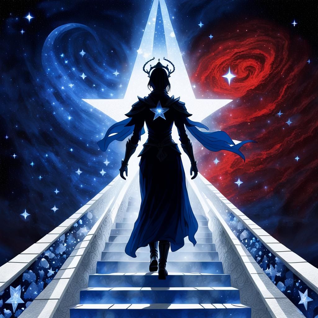 Blue Silhouette Ascends Staircase to Heaven